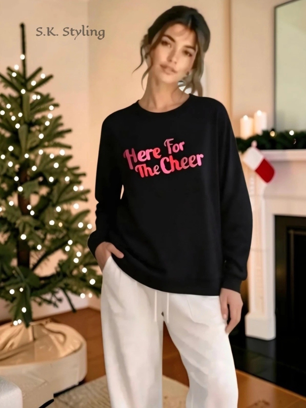 NWT Holiday Christmas / New Year Black Sweatshirt HERE FOR THE CHEER size S / M
